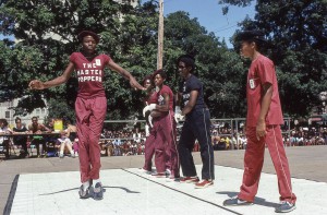 Dooney Bates, Myron Moye, Jonathan Baxter, Mike "Nice" Wilson, and BT of "The Master Poppers" Peace Train's Breaking and Popping Contest Bushnell Park, Hartford, August 14, 1983 Photograph by Wayne Fleming