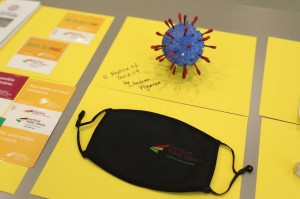A Hartford Public Library face mask and a model of the coronavirus.