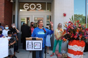 Hartford Public Library board member Ana Alfaro speaks at the opening of the new Park Street Library @ the Lyric  on Oct. 2.