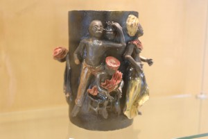 An example of Sonyetta Strickland's work on display in the glass cases on the third floor of the Downtown Library.