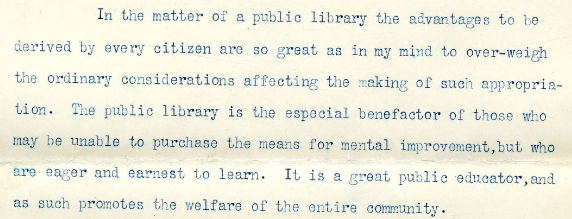 An excerpt from a letter by Mayor William Waldo Hyde expressing support for a publicly funded library in Hartford.